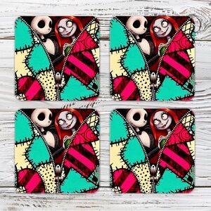 Jack & Sally Zipper Drink Coasters Cork Back Set Of 4